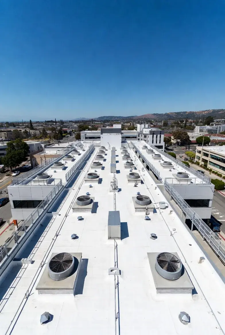Energy-efficient commercial flat roof with TPO membrane installed by Skyline Roofing on a Bay Area building.