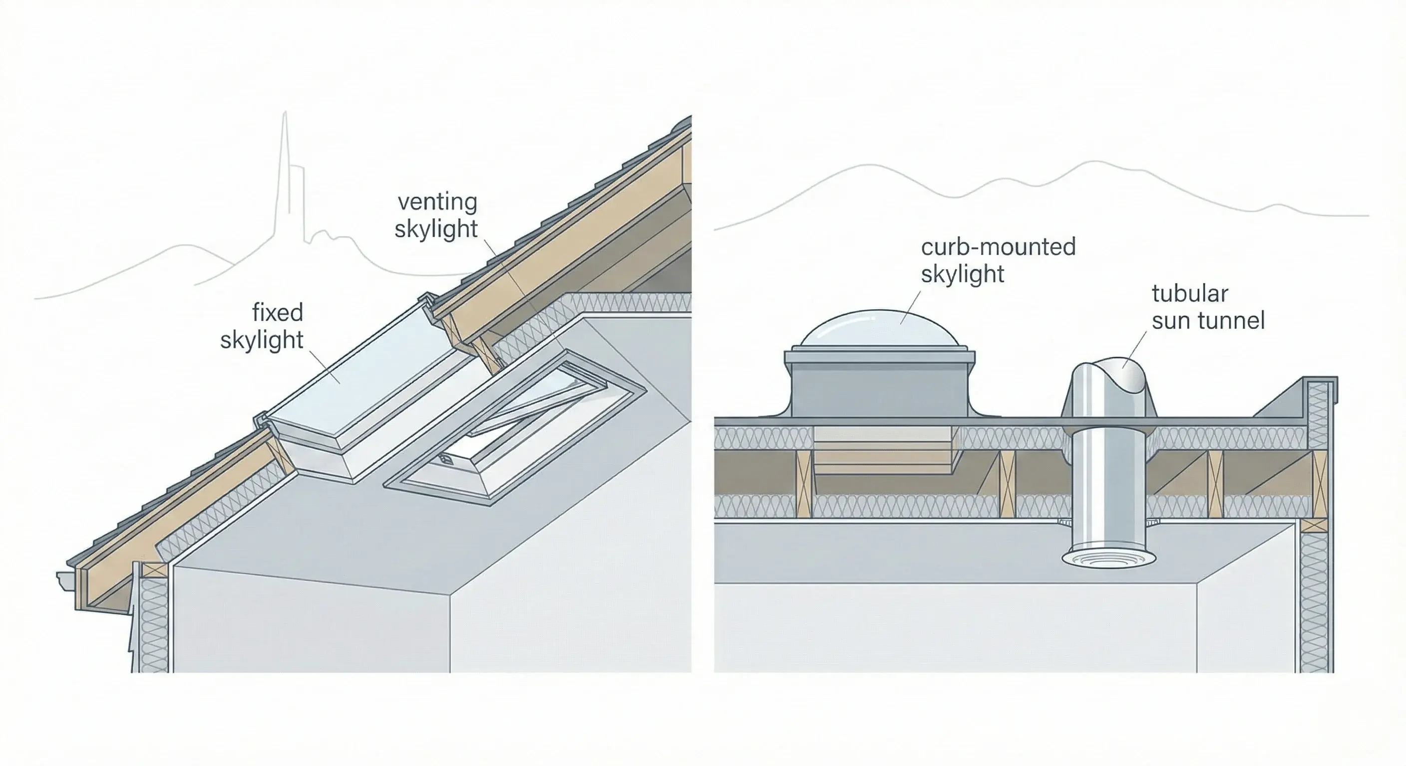 Cutaway illustration of pitched and flat roofs showing fixed skylight, venting skylight, curb-mounted skylight, and tubular sun tunnel options.