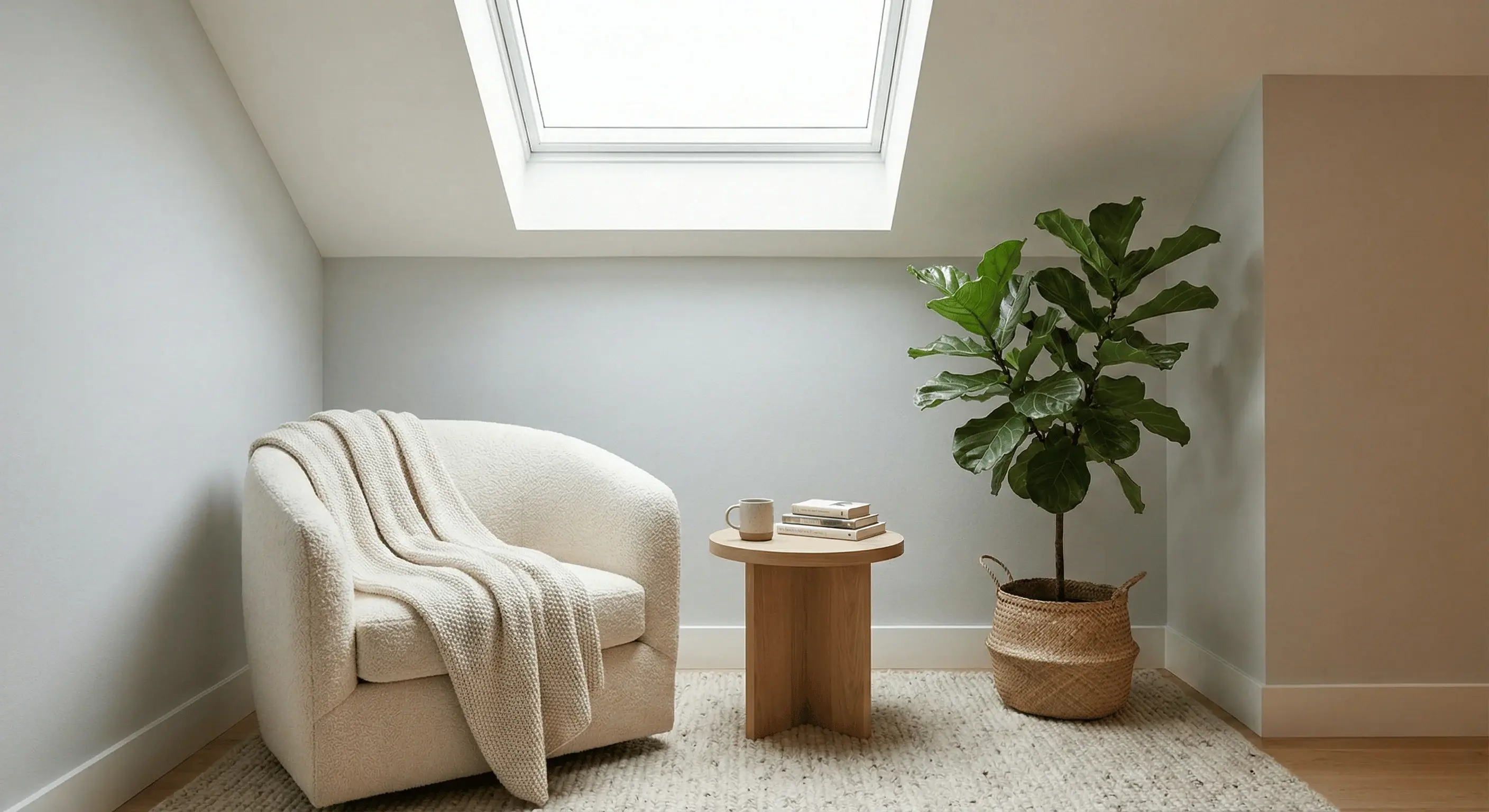Soft, cozy Bay Area interior with diffused daylight entering through a modern rectangular skylight, highlighting comfortable energy-efficient lighting.
