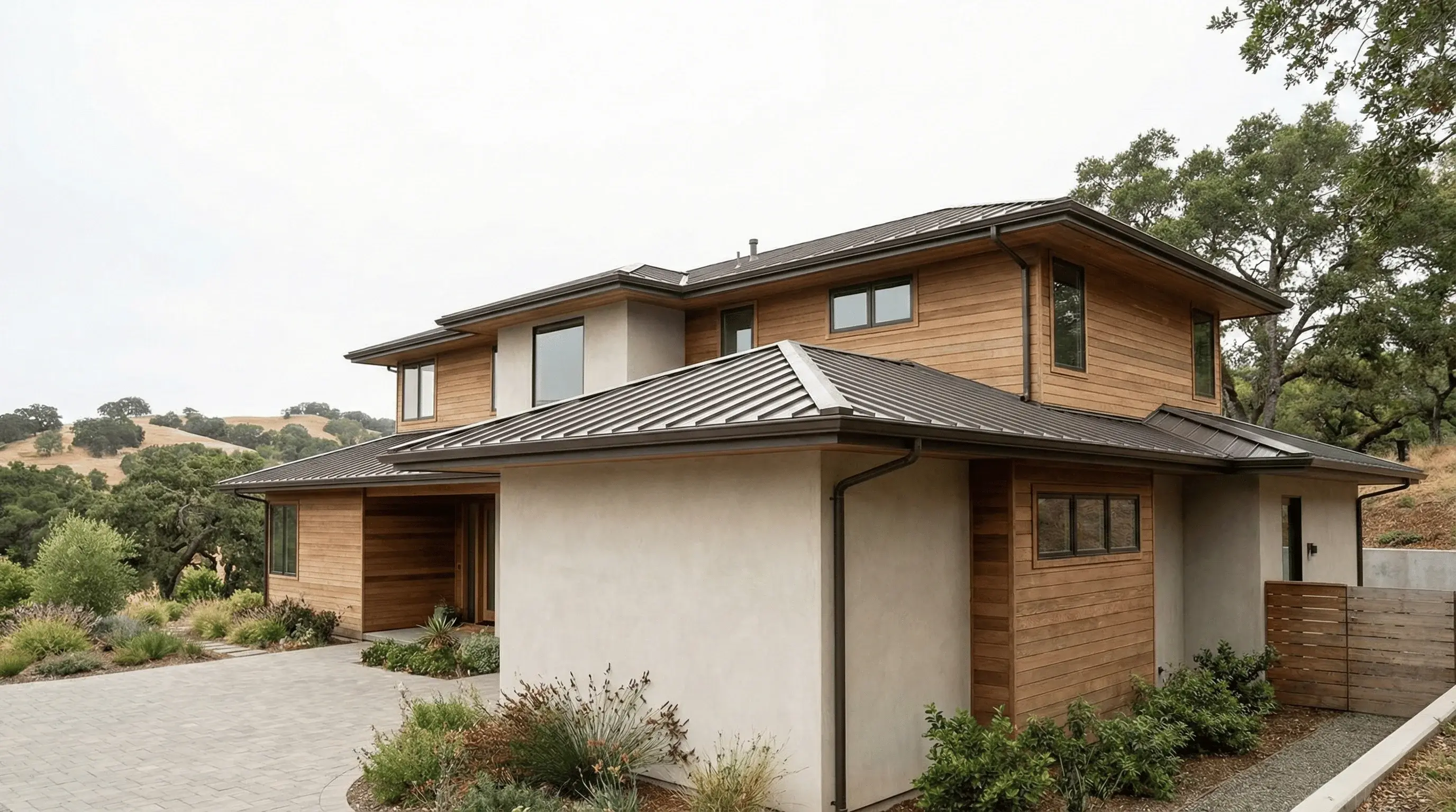 Modern Bay Area home protected with new seamless gutters and low-profile gutter guards.