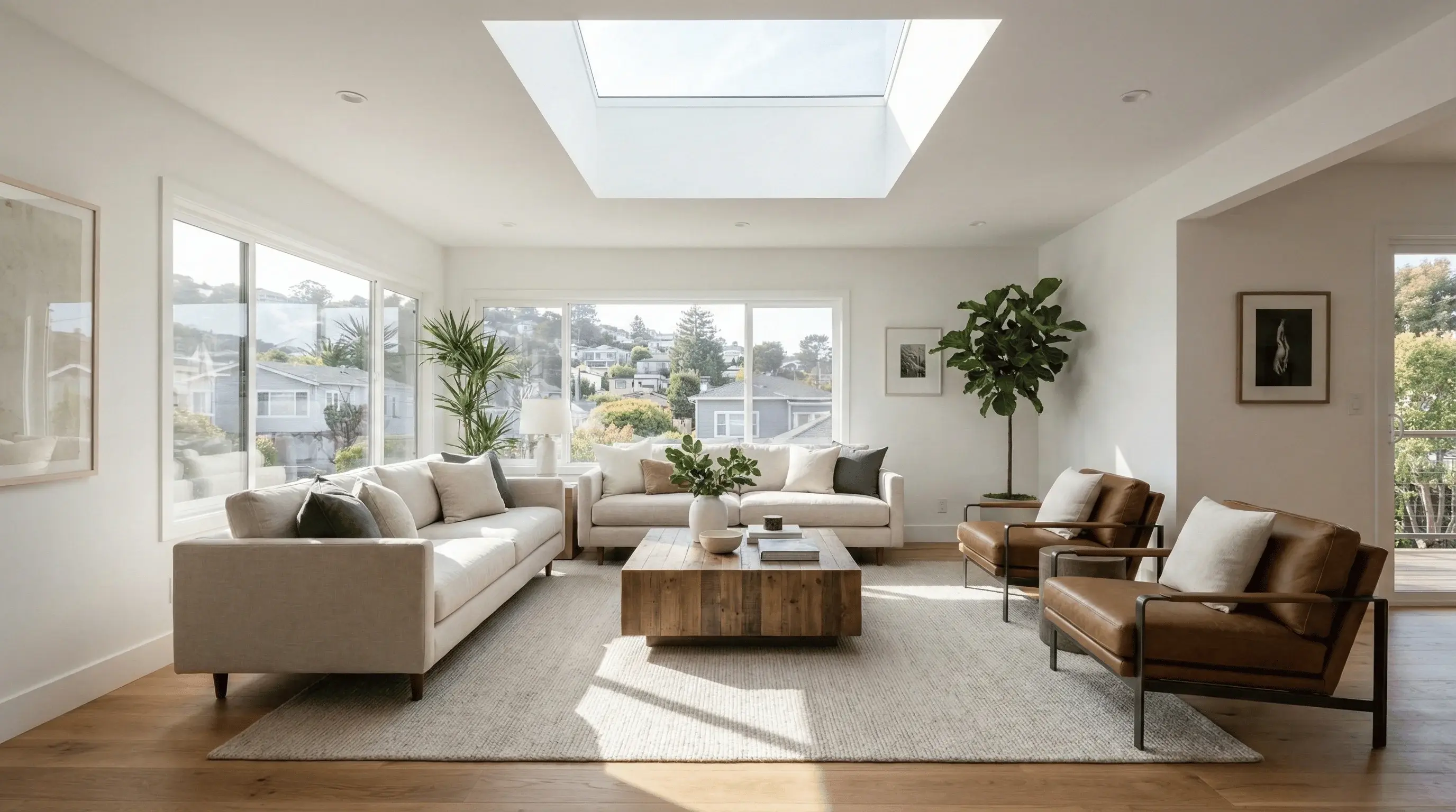 Modern Bay Area living room with sunlight streaming through a large rectangular roof skylight, showing bright natural light and contemporary furnishings.