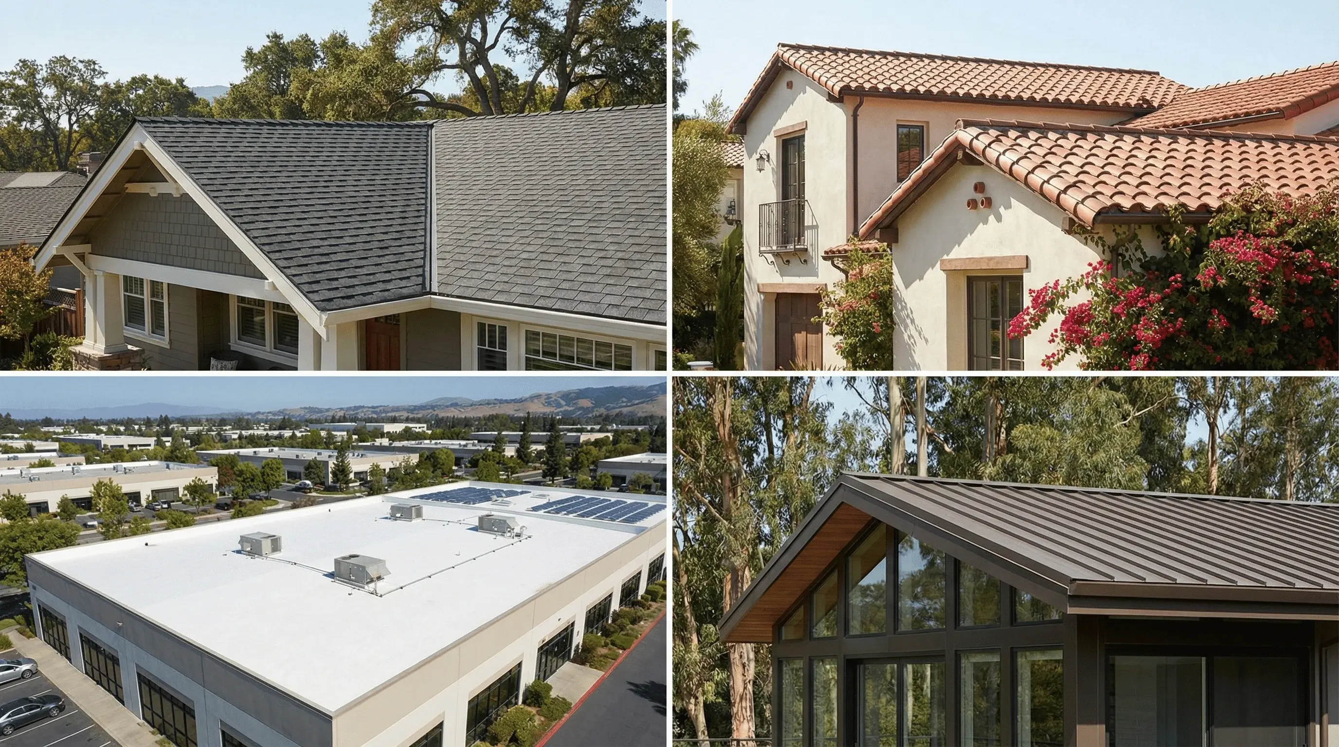 Common Bay Area roof systems we repair, from shingle and tile to flat and metal roofs.
