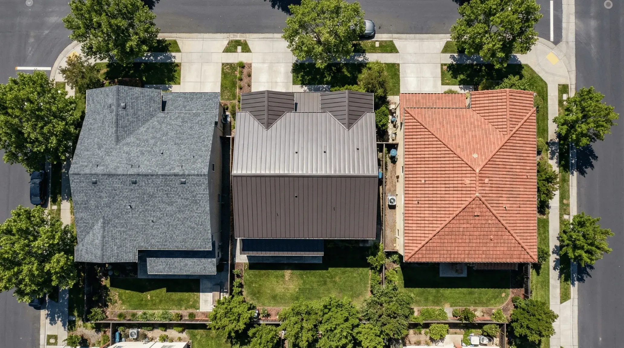 Bay Area residential roofs featuring asphalt shingle, metal, and tile installations.