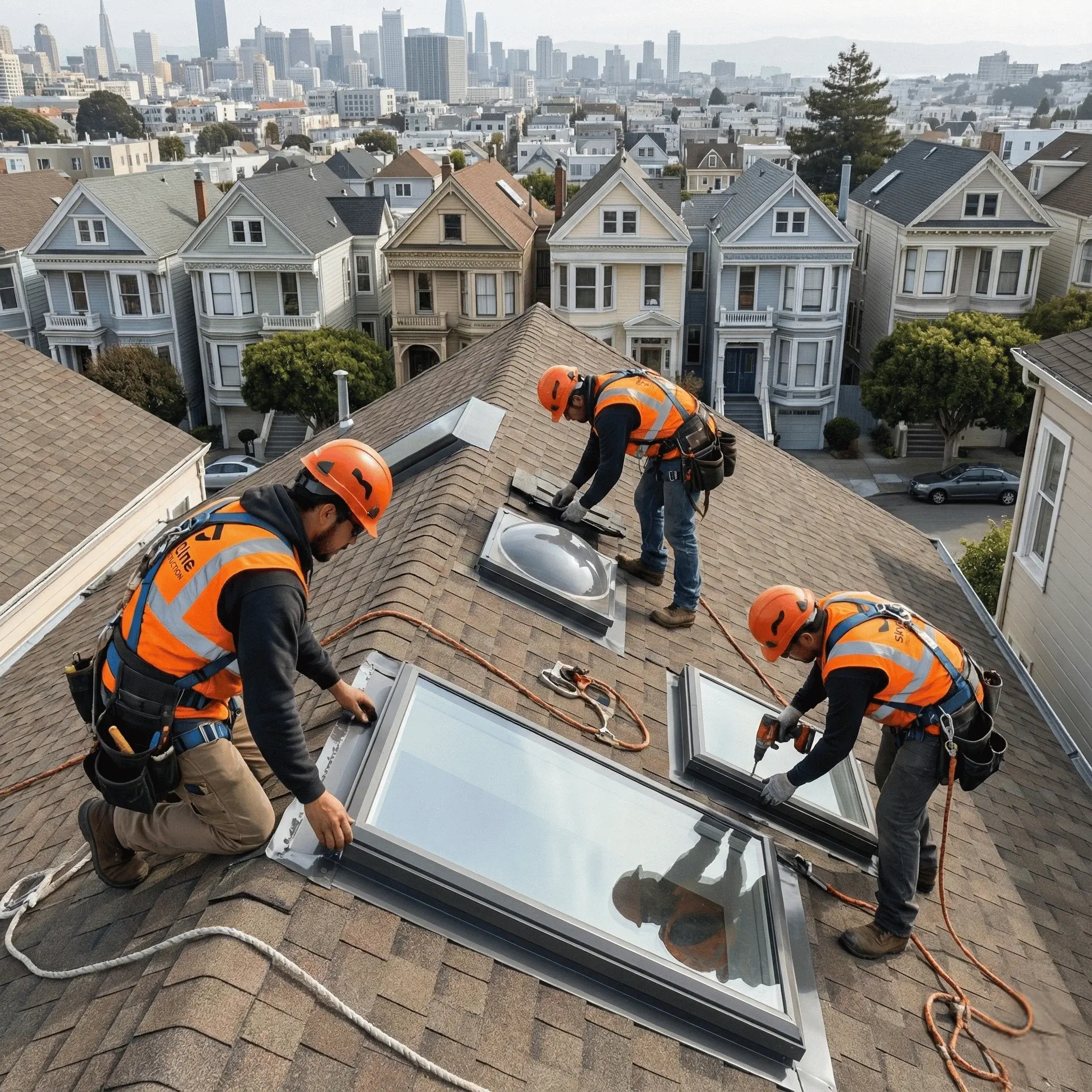 Skyline Roofing & Construction crew installing multiple skylights on a residential Bay Area roof with safety gear and neighborhood views.