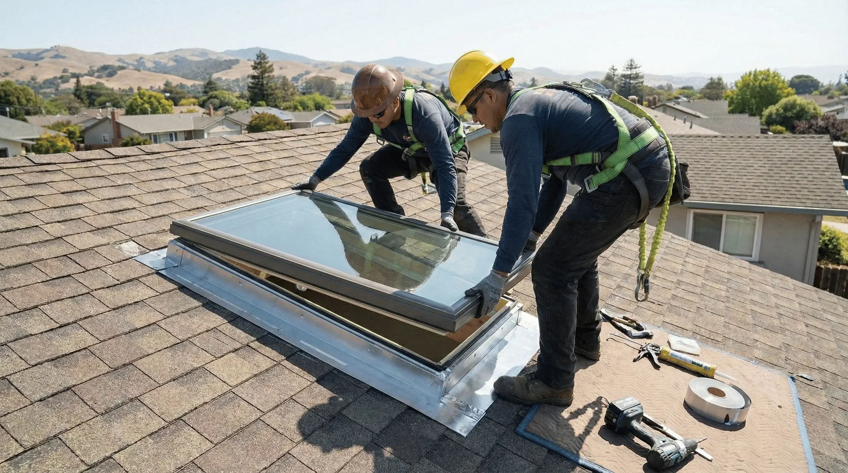 Professional roofer on an asphalt shingle roof in the San Francisco Bay Area installing and flashing a new skylight.