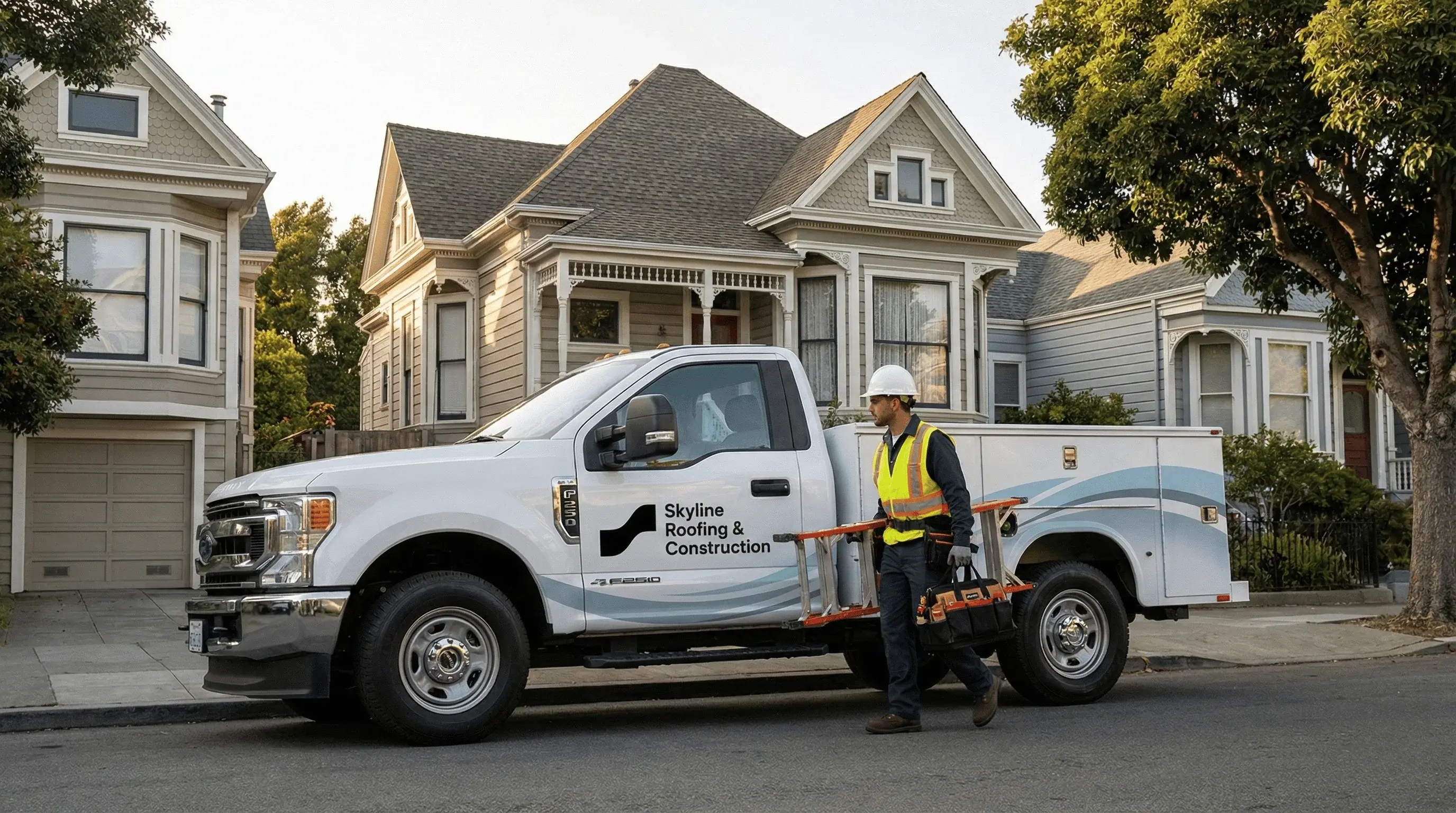 Skyline Roofing & Construction arriving on-site for a scheduled roof repair in a San Francisco neighborhood.