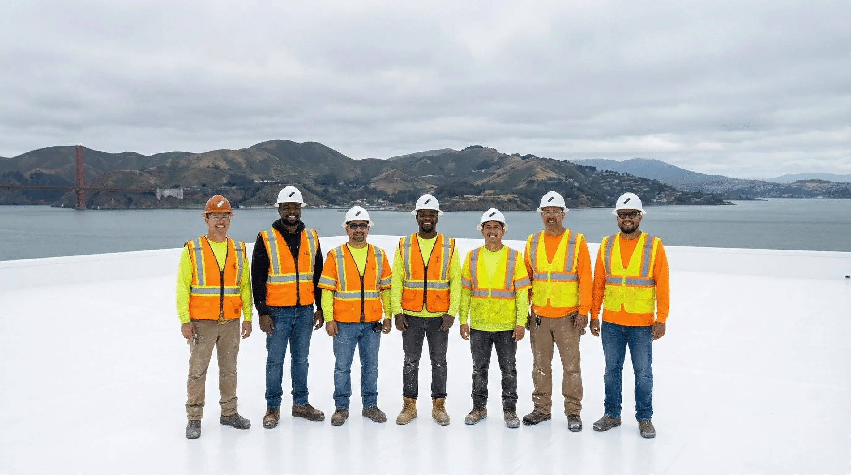 Skyline Roofing & Construction team standing on a newly coated commercial roof overlooking the Bay Area.