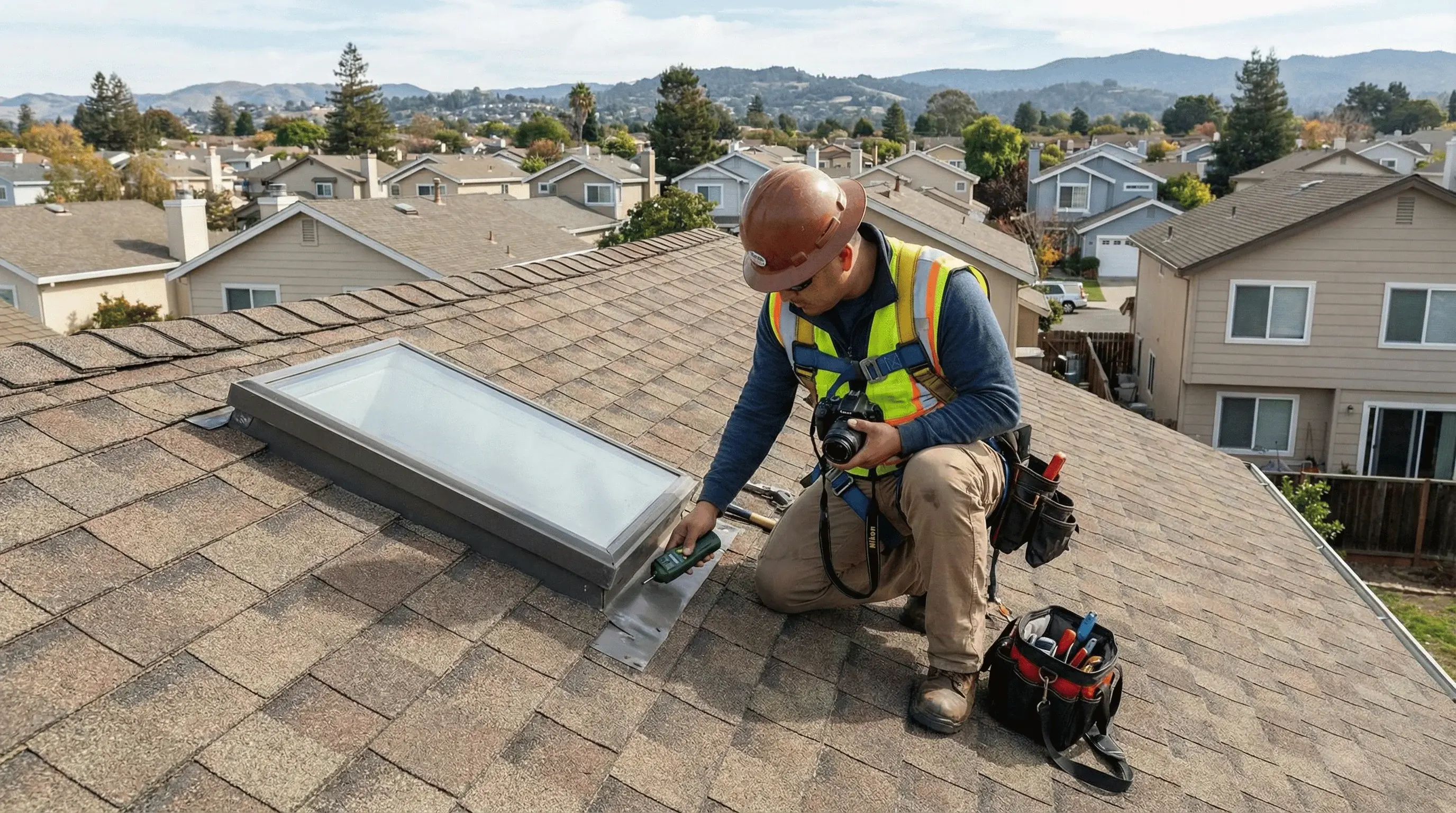 Skyline Roofing technician inspecting a residential roof