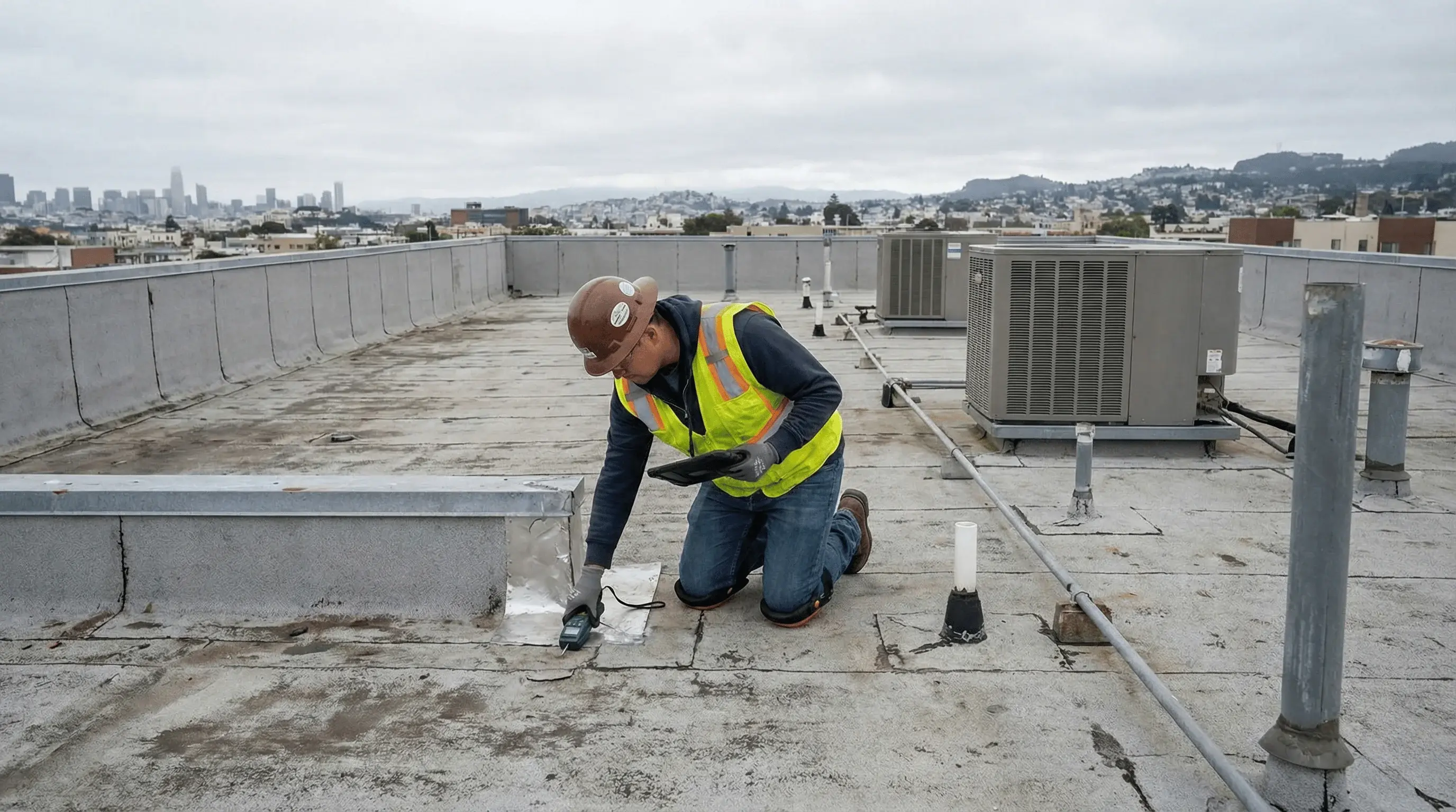 Skyline technician performing a detailed roof inspection before starting the coating process.