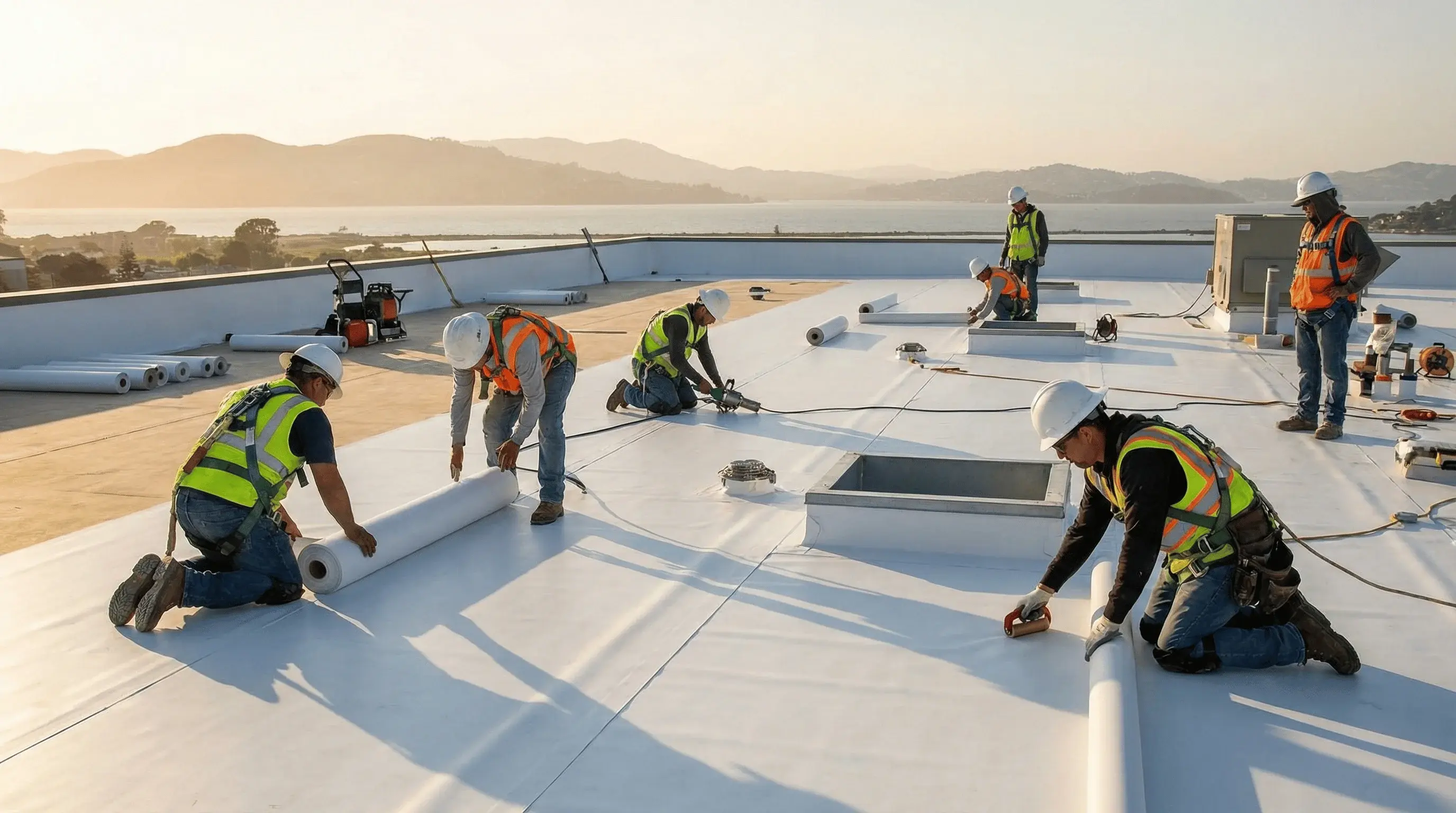 Skyline Roofing & Construction installing a cool, solar-ready membrane roof with careful detailing around penetrations.