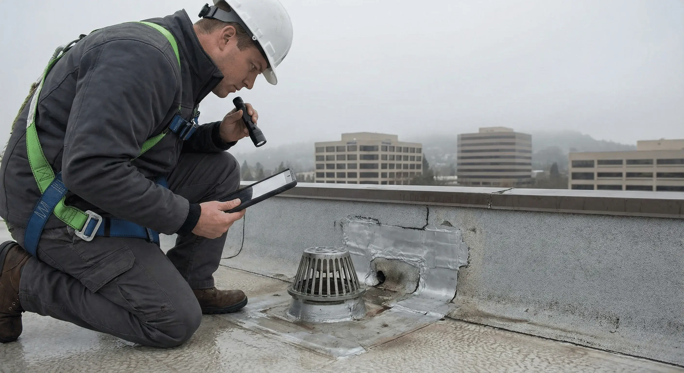 Routine roof maintenance on a Bay Area commercial flat roof to improve drainage and extend service life.