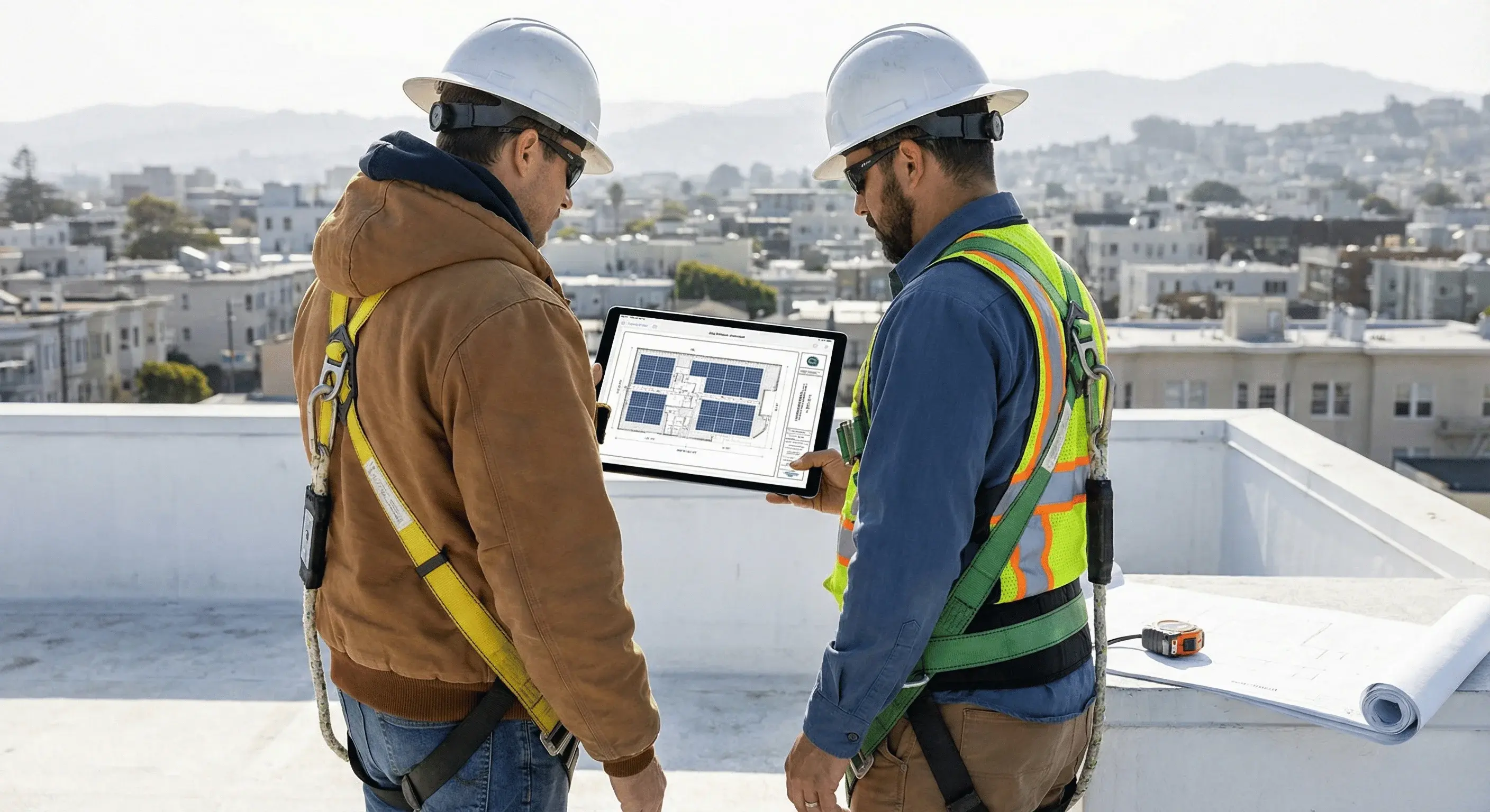 Roofing and solar professionals planning a clean, code-compliant solar-ready roof layout.
