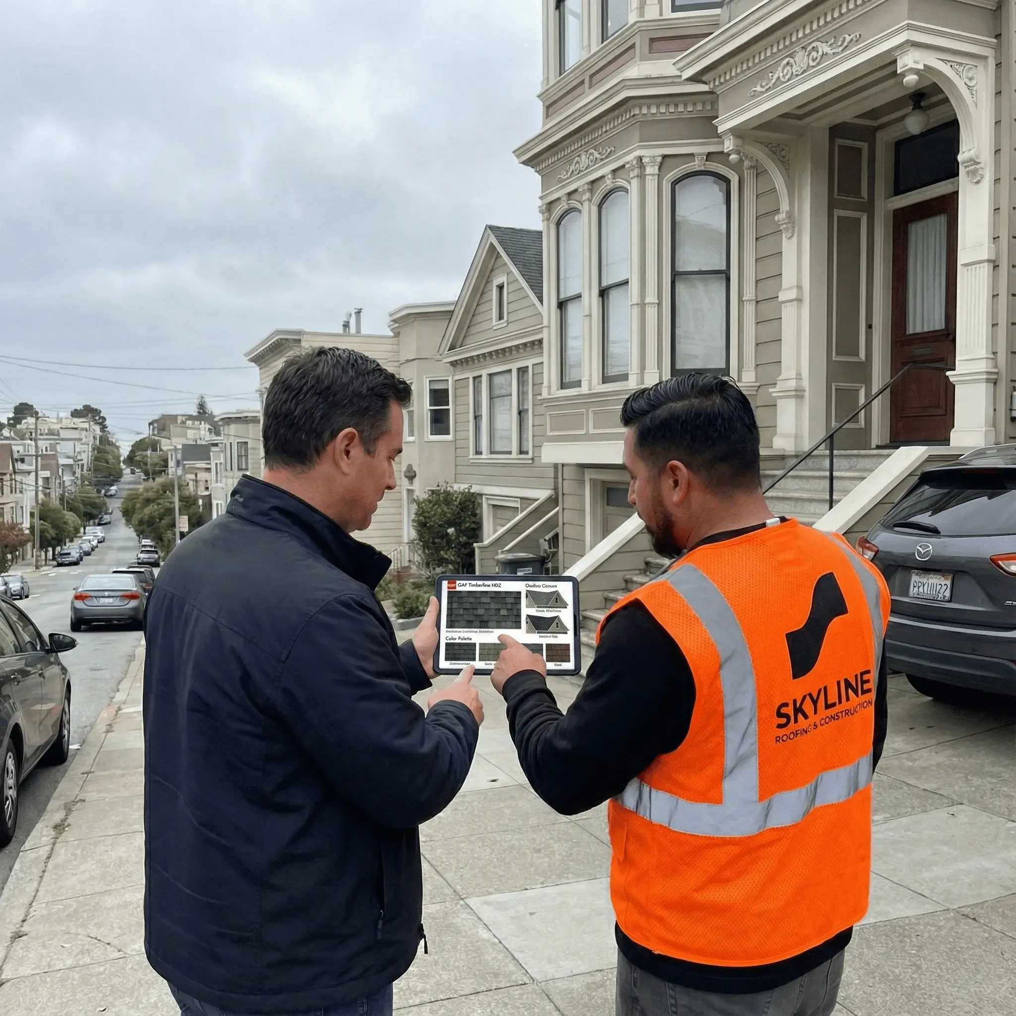 Bay Area property manager reviewing a digital roof inspection and maintenance plan with a Skyline Roofing & Construction specialist.