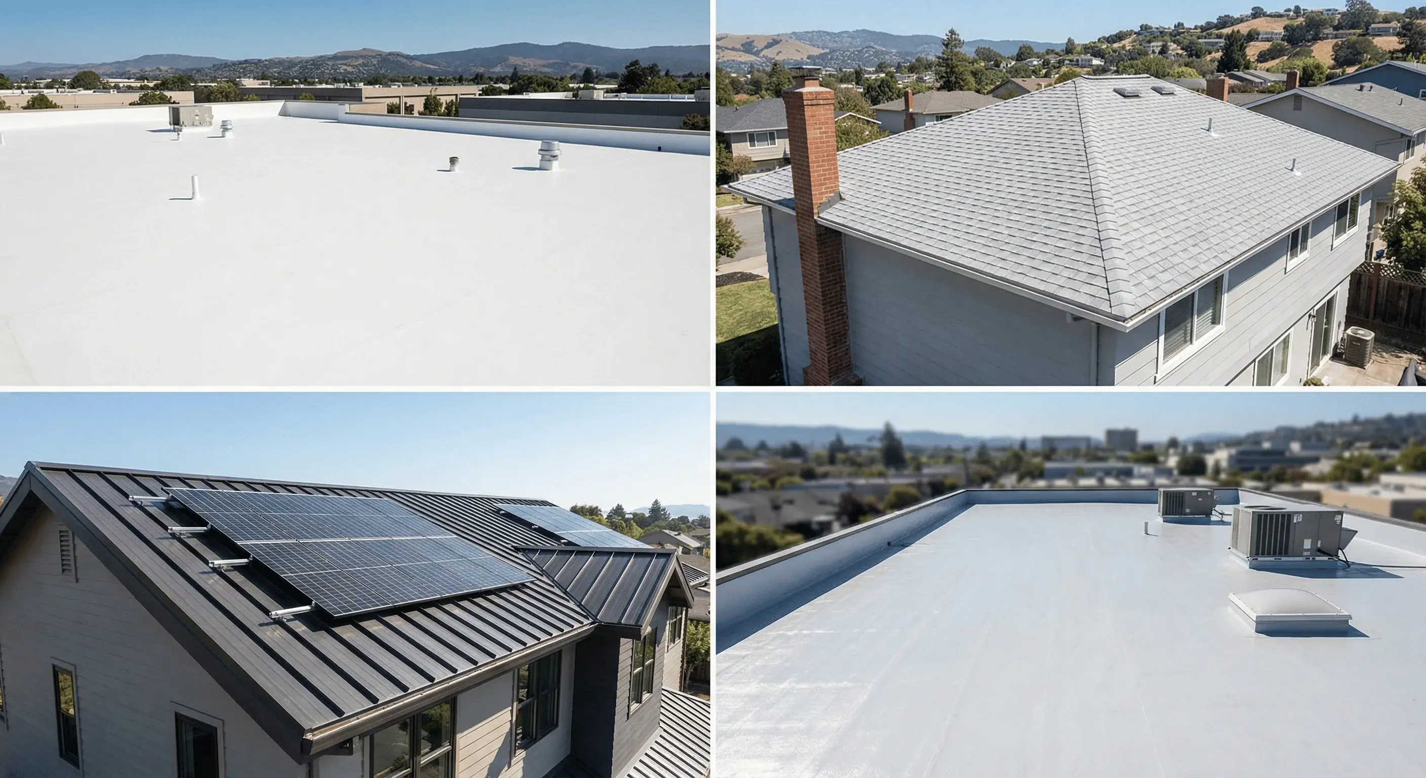 Example solar-ready roofing systems, from cool shingles to TPO and metal, used on Bay Area homes and commercial buildings.